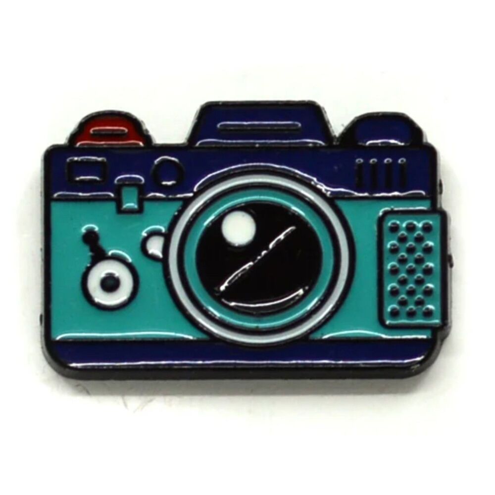 Cartoon Camera White Aqua Black Metal Enamel Pin